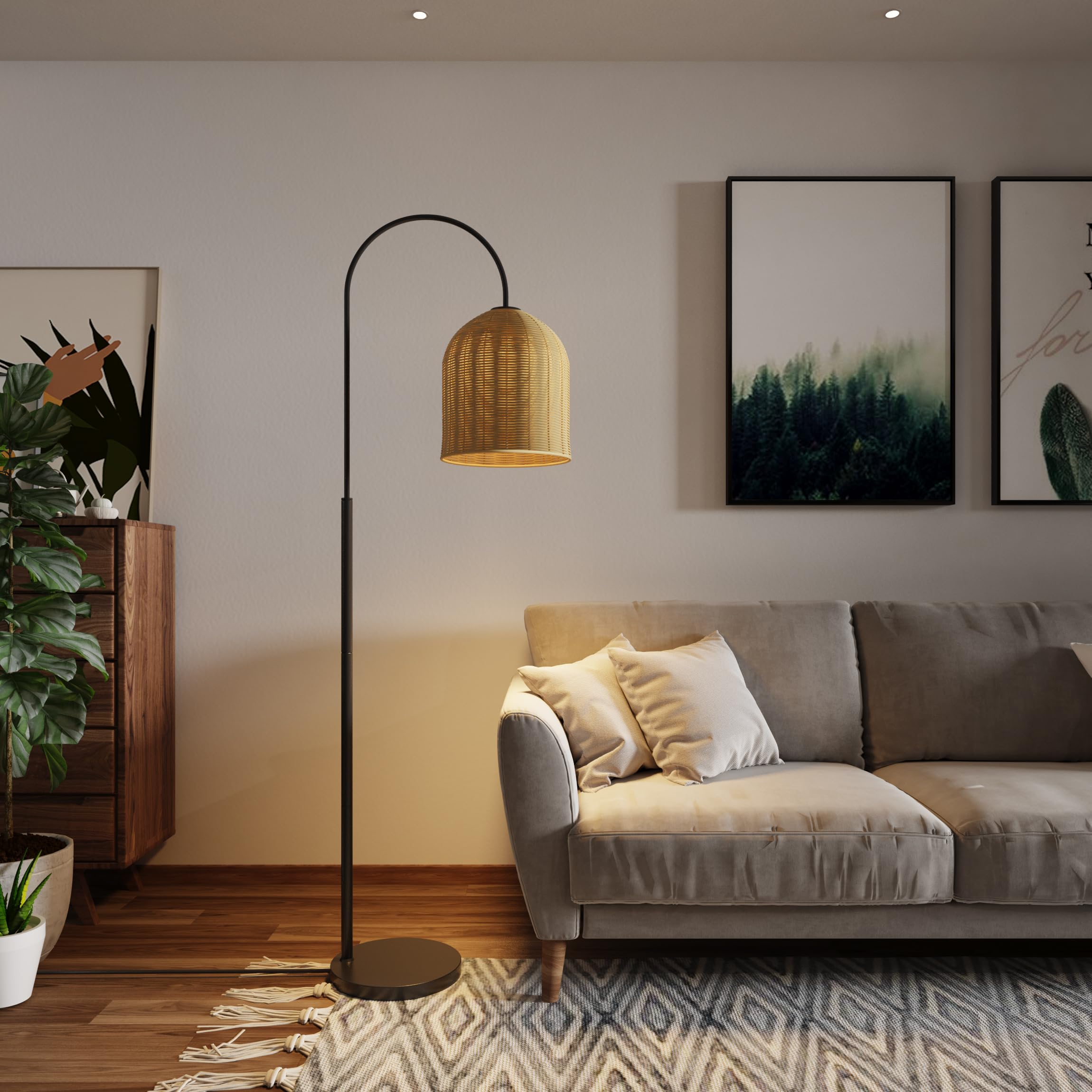 EzeeLum Rattan Floor Lamp, 66in. Boho Floor Lamp with Natural